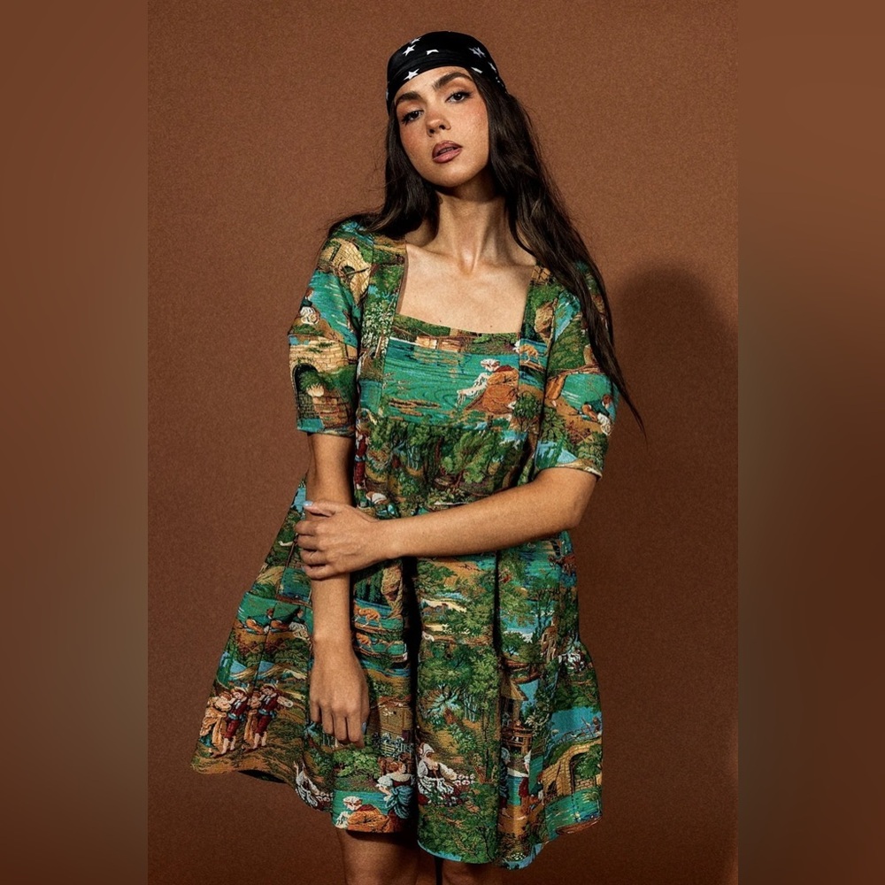 Dressed In LALA Estate Sale Jacquard Babydoll Dress in Grass is Greener NWT L